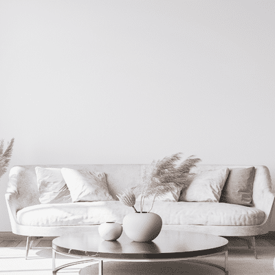 picture of a couch with throw pillows, coffee table with vases on top with pampas grass. Decorating small apartment on a budget.