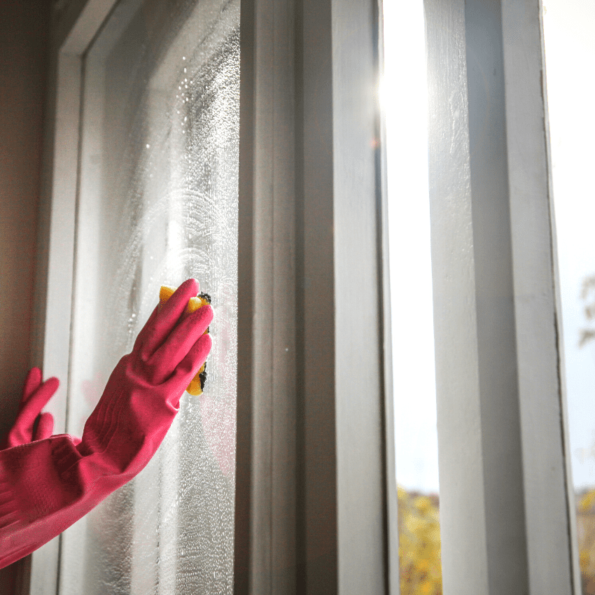 person with pink gloves cleaning windows. apartment moving out cleaning checklist.