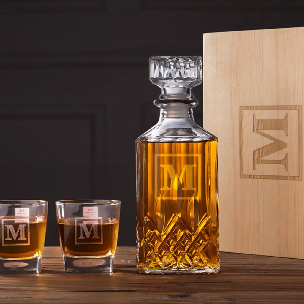 Photo of a personalized whiskey decanter set. A present for dad.