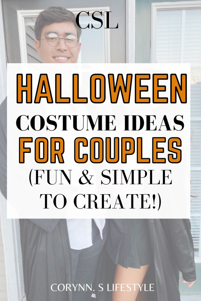 photo of a couple dress as hogwart students. Halloween couple costume ideas pinterest pin. 
