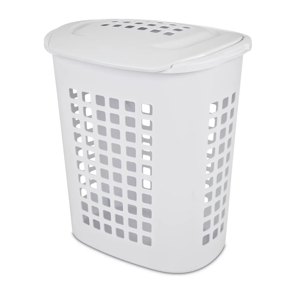 photo of a white laundry basket.