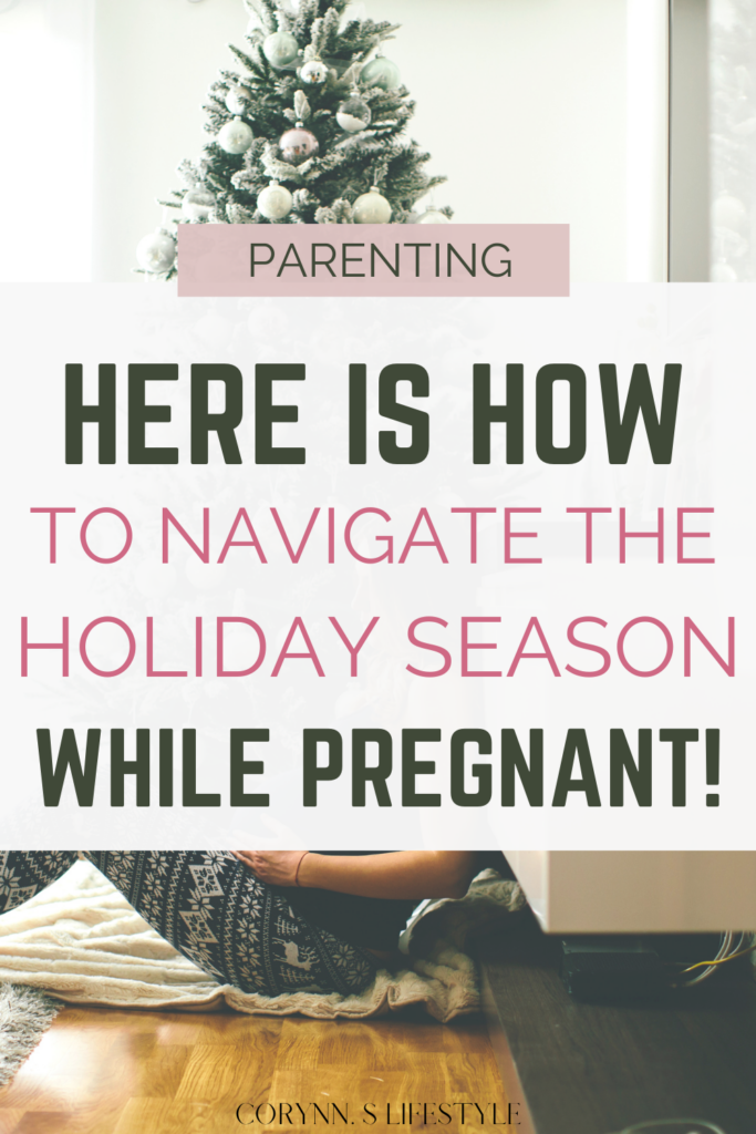 Photo of a pregnant woman sitting near a Christmas tree. Navigating the holidays while pregnant. 